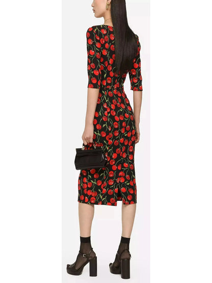 Cherry-Print Charmeuse Calf-Length Dress - Branna Couture