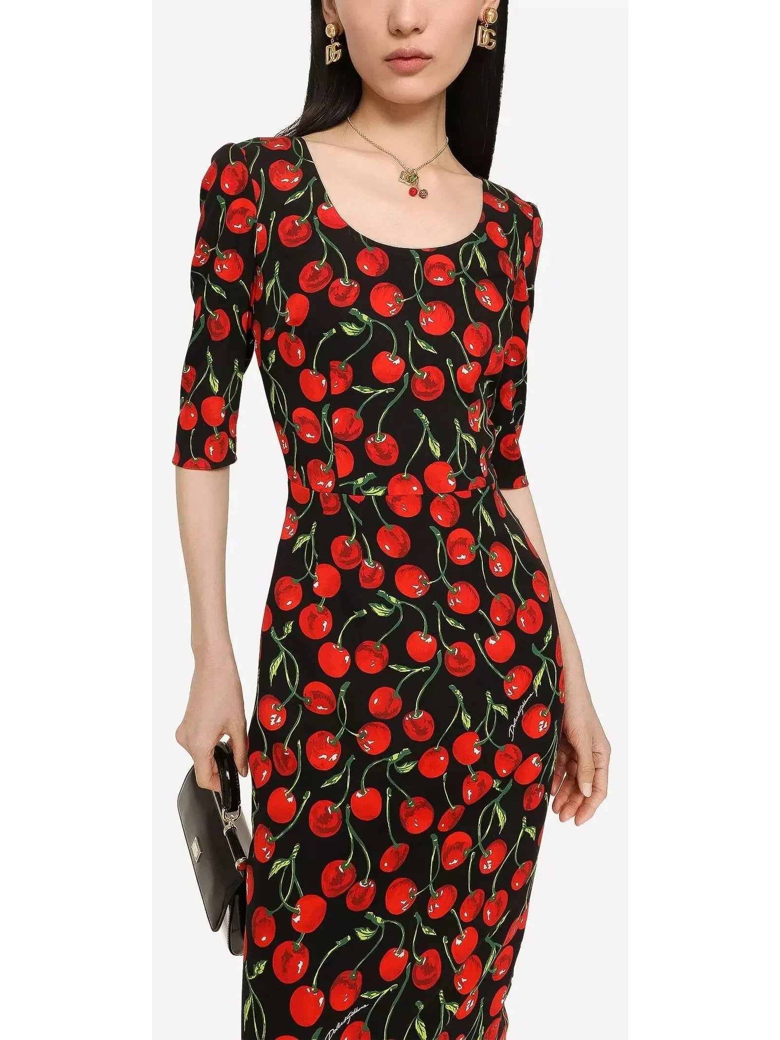 Cherry-Print Charmeuse Calf-Length Dress - Branna Couture