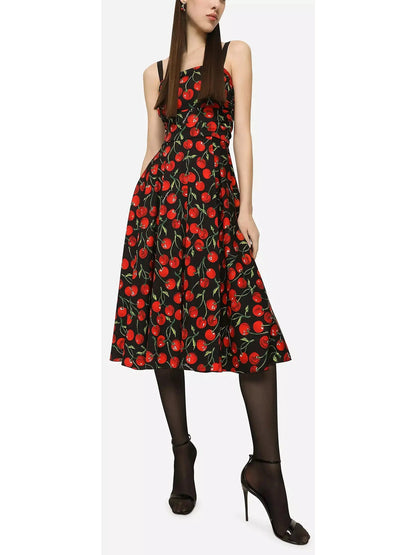 Cherry-Print Charmeuse Calf-Length Dress - Larger sizes may be available - Please inquire - Branna Couture