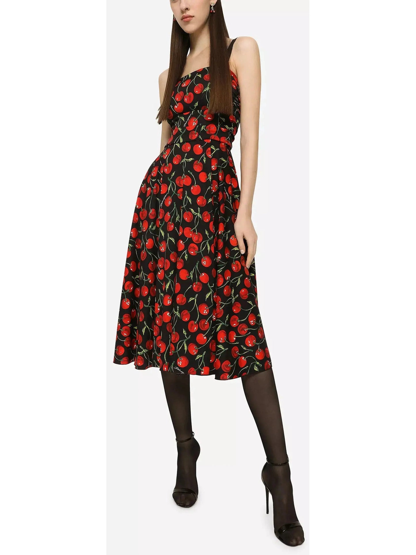 Cherry-Print Charmeuse Calf-Length Dress - Larger sizes may be available - Please inquire - Branna Couture