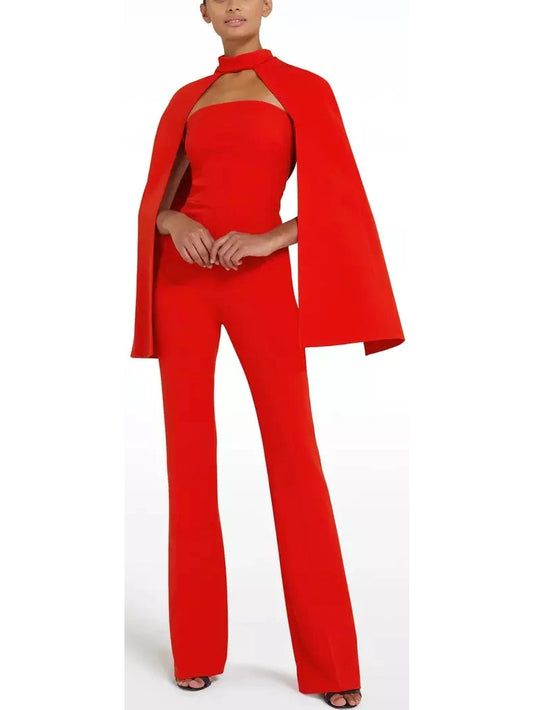 Cherry Red Cropped Cape and Myrine Jumpsuit Set - Branna Couture