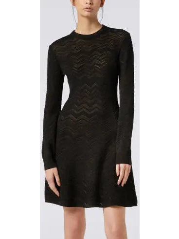 Chevron Knit Wool-Blend Short Dress, Black - Branna Couture