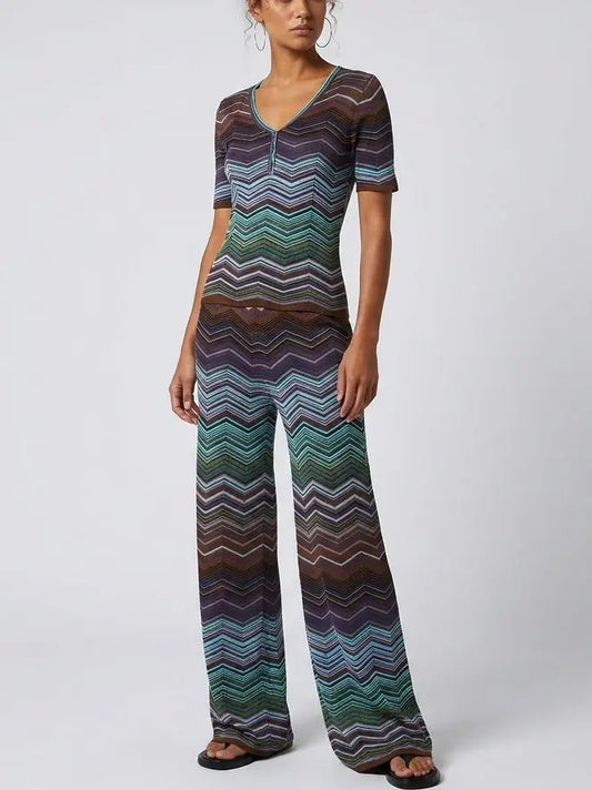 Chevron Knit V-Neck Top and Wide-Leg Pant Set - S - Suits & Sets