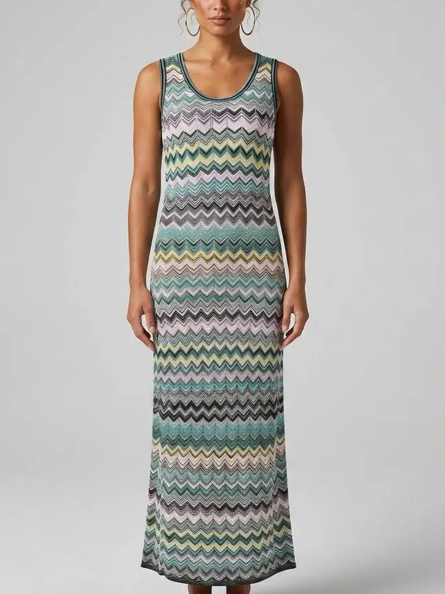 Chevron Zig Zag Knit Sleeveless Maxi Dress