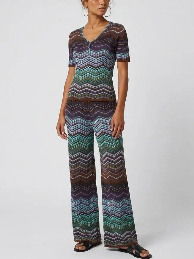 Chevron Knit V-Neck Top and Wide-Leg Pant Set - Suits & Sets