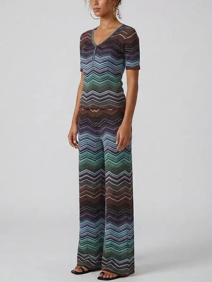 Chevron Knit V-Neck Top and Wide-Leg Pant Set - Suits & Sets