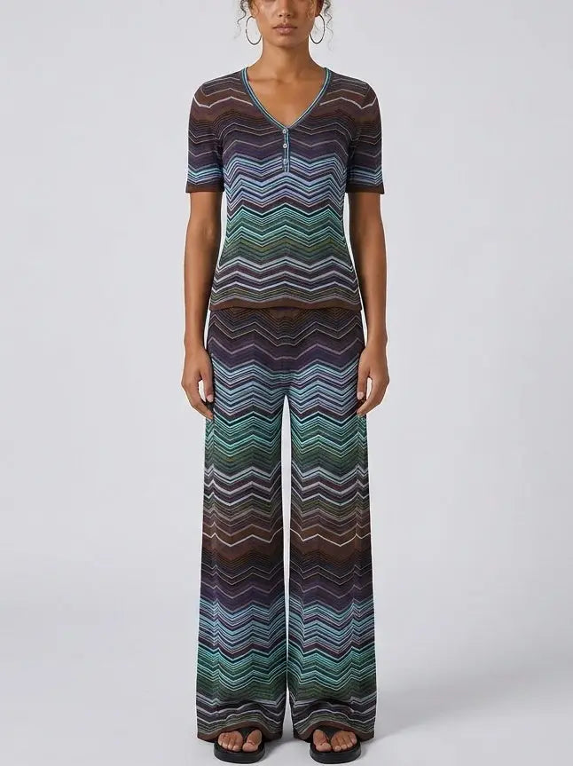 Chevron Knit V-Neck Top and Wide-Leg Pant Set - Suits & Sets