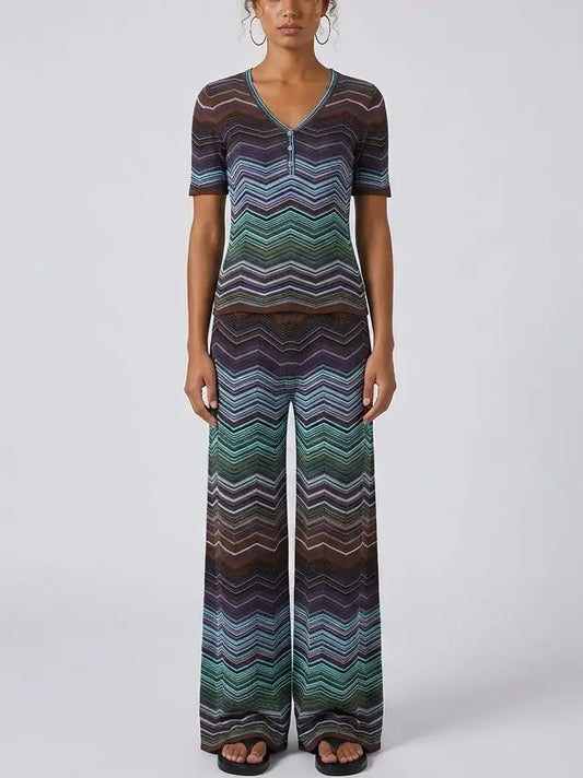 Chevron Knit V-Neck Top and Wide-Leg Pant Set - Suits & Sets
