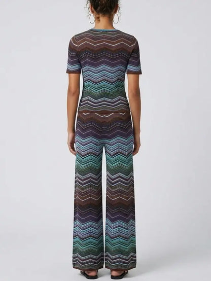 Chevron Knit V-Neck Top and Wide-Leg Pant Set - Suits & Sets