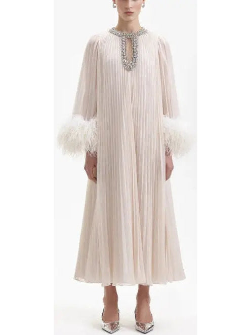 Chiffon Pleated Feather-Trim Embellished Dress, Creamy Beige - Branna Couture