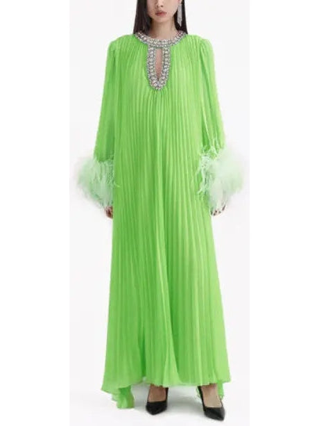 Chiffon Pleated Feather-Trim Embellished Dress, Green - Branna Couture