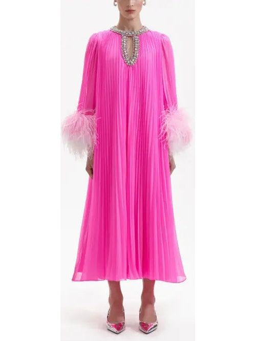 Chiffon Pleated Feather-Trim Embellished Dress, Pink - Branna Couture