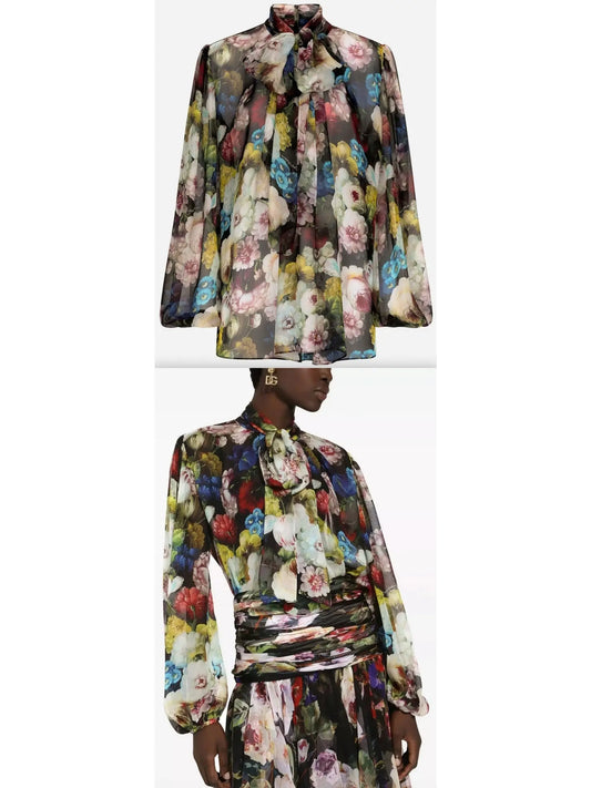 Chiffon Shirt with Nocturnal Flower Print - Branna Couture