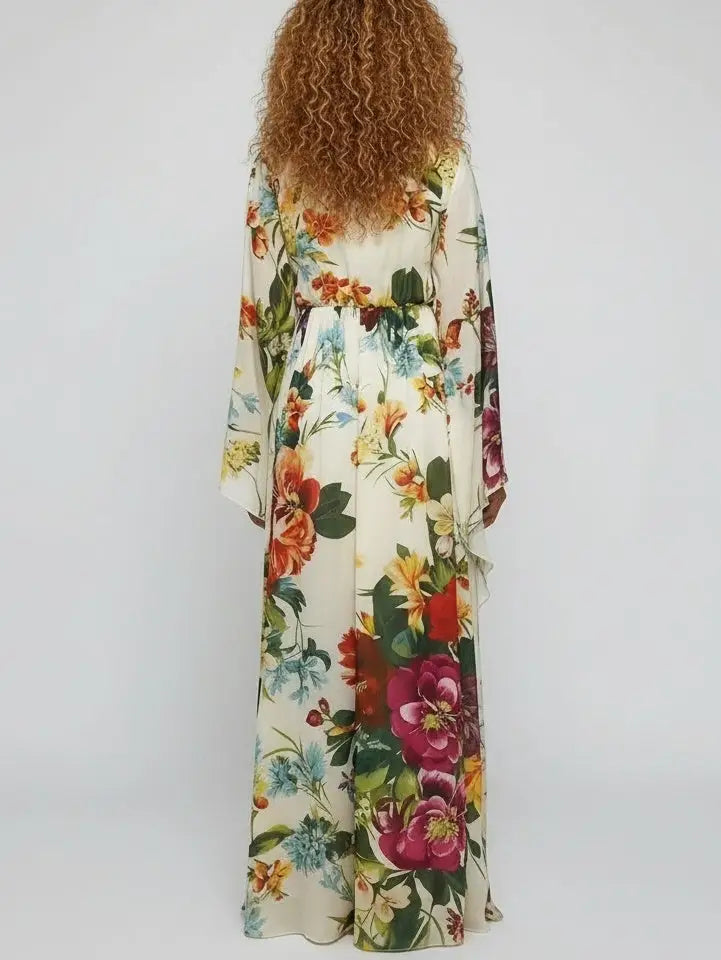 Chiffon Maxi Dress with Multicolored Floral Print - Dresses
