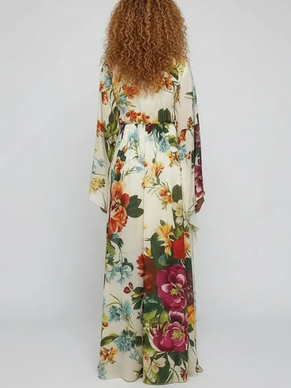 Chiffon Maxi Dress with Multicolored Floral Print - Dresses