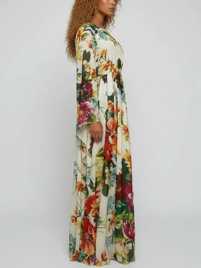 Chiffon Maxi Dress with Multicolored Floral Print - Dresses