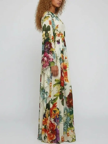 Chiffon Maxi Dress with Multicolored Floral Print - Dresses
