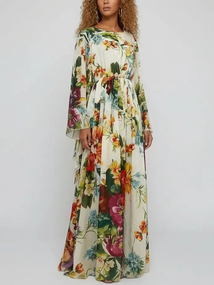 Chiffon Maxi Dress with Multicolored Floral Print - Dresses