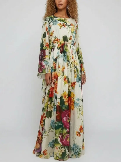 Chiffon Maxi Dress with Multicolored Floral Print - Dresses