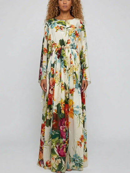 Chiffon Maxi Dress with Multicolored Floral Print - L - Dresses