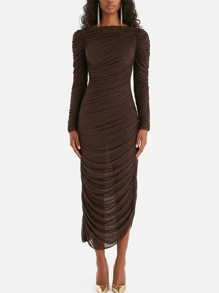 Chocolate Brown Crystal-Embellished Ruched Midi Dress - Small - Dresses