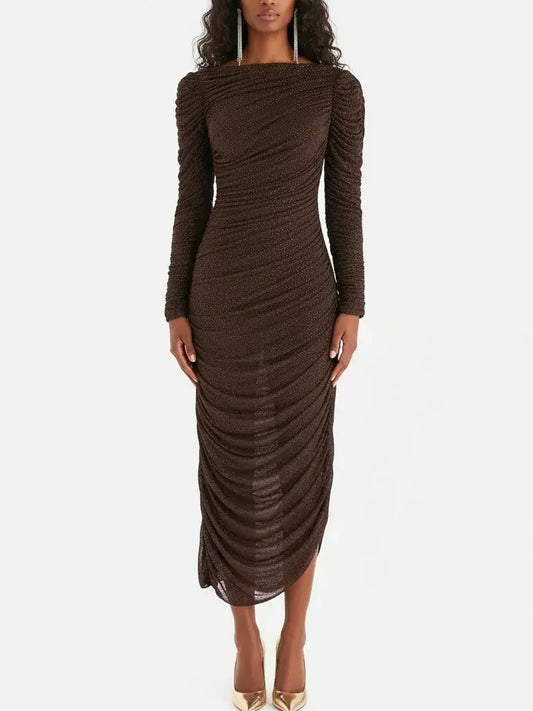 Chocolate Brown Crystal-Embellished Ruched Midi Dress - Small - Dresses