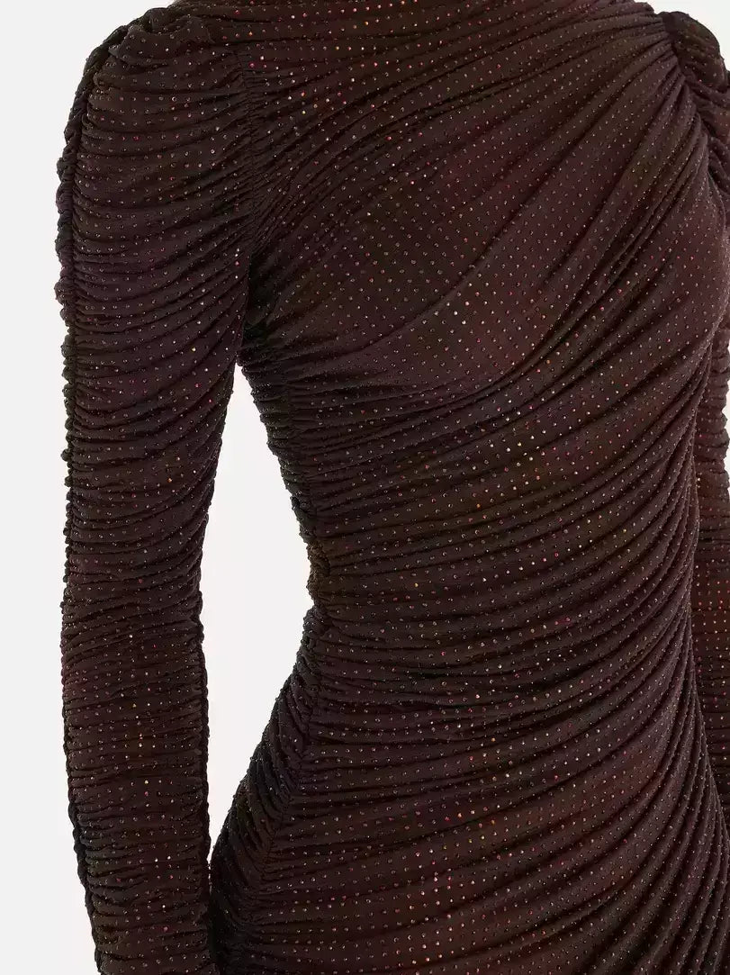 Chocolate Brown Crystal-Embellished Ruched Midi Dress - Dresses