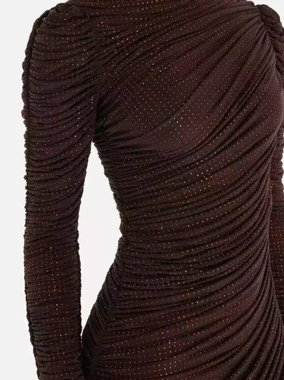 Chocolate Brown Crystal-Embellished Ruched Midi Dress - Dresses