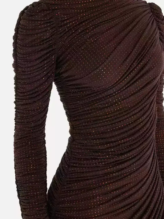 Chocolate Brown Crystal-Embellished Ruched Midi Dress - Dresses