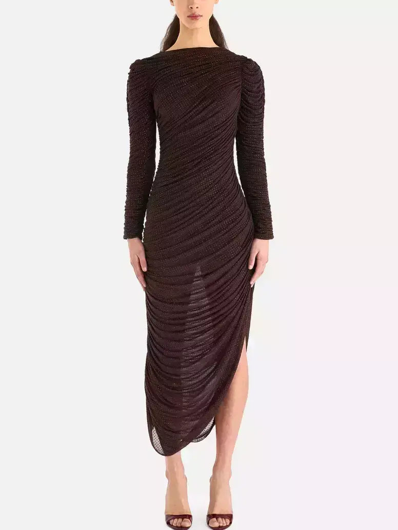 Chocolate Brown Crystal-Embellished Ruched Midi Dress - Dresses