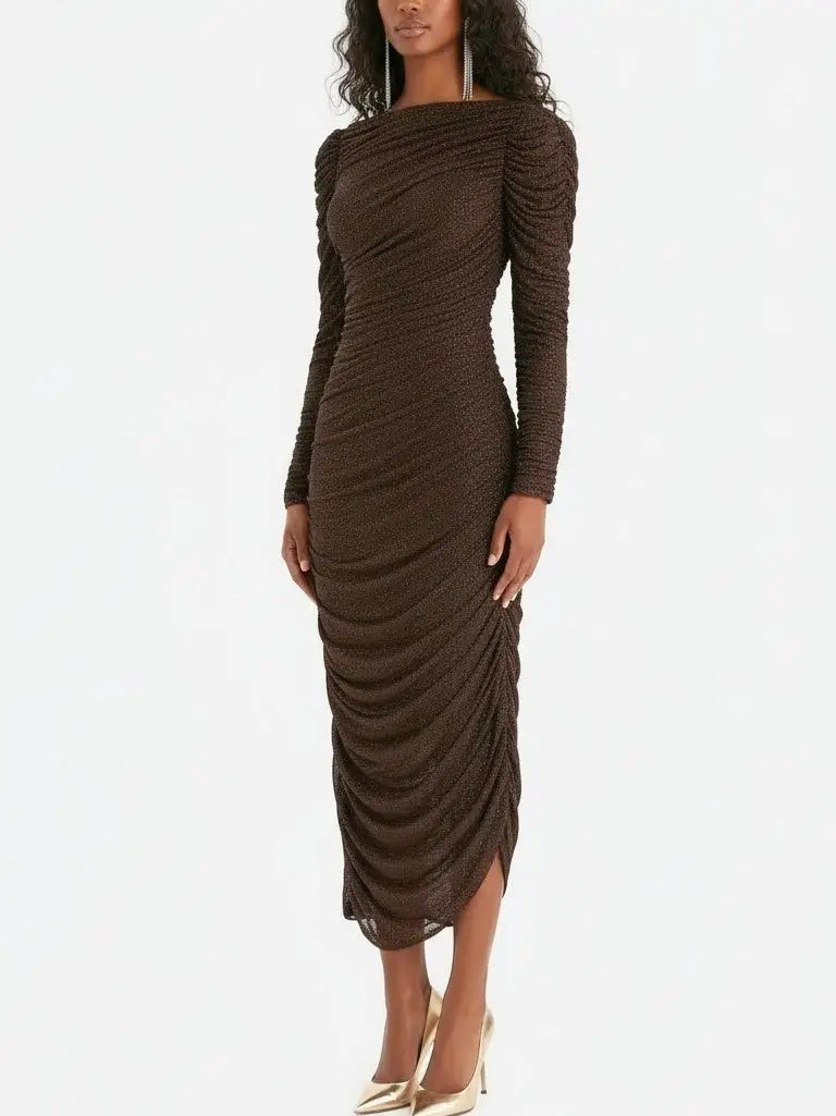 Chocolate Brown Crystal-Embellished Ruched Midi Dress - Dresses