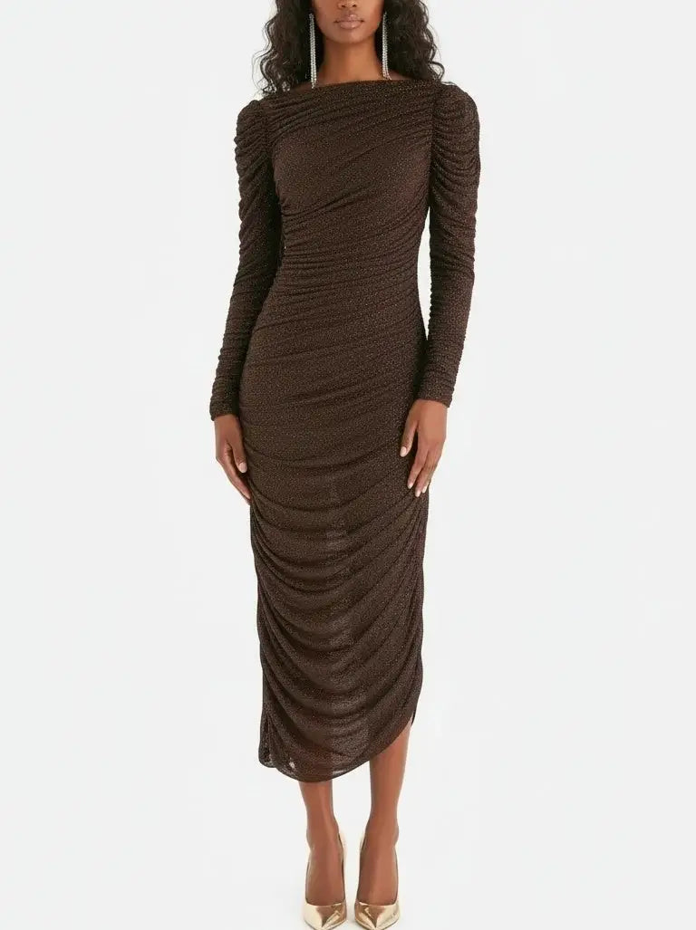 Chocolate Brown Crystal-Embellished Ruched Midi Dress - Dresses
