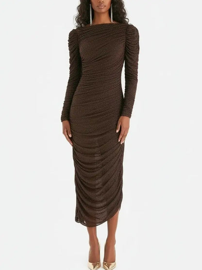 Chocolate Brown Crystal-Embellished Ruched Midi Dress - Dresses