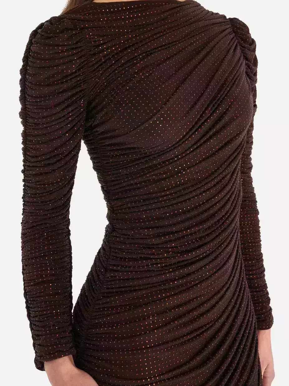 Chocolate Brown Crystal-Embellished Ruched Midi Dress - Dresses