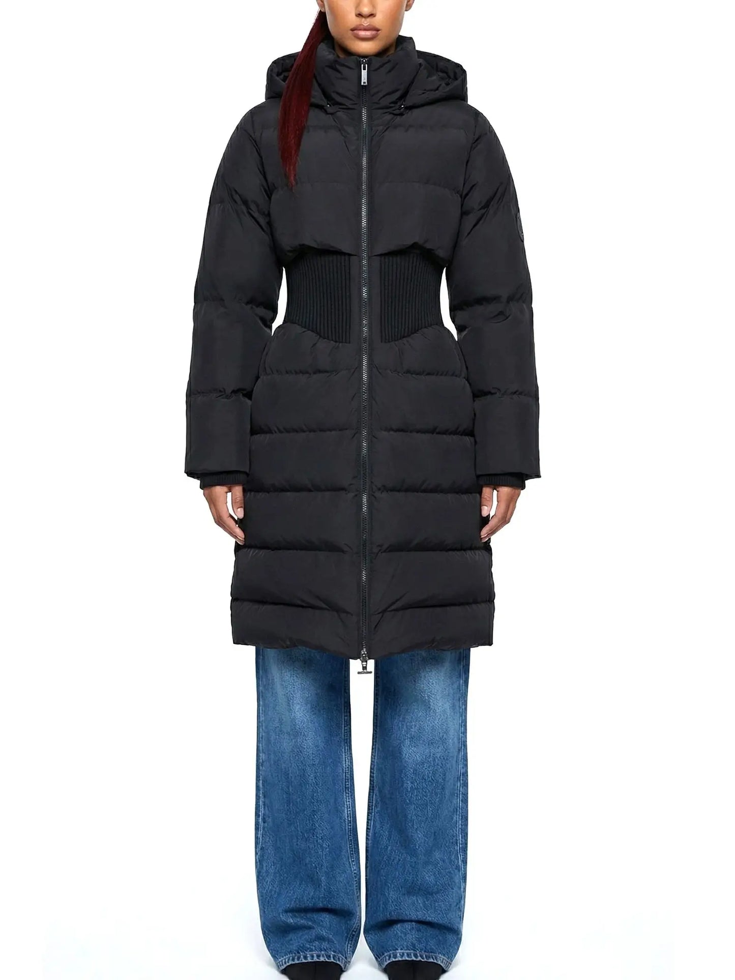 Cinched-Waist Hooded Long Puffer Coat in Black - Coats