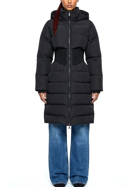 Cinched-Waist Hooded Long Puffer Coat in Black - Coats