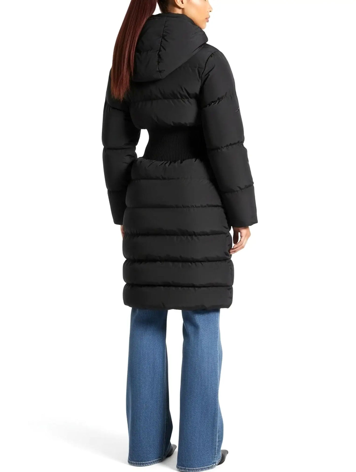 Cinched-Waist Hooded Long Puffer Coat in Black - Coats