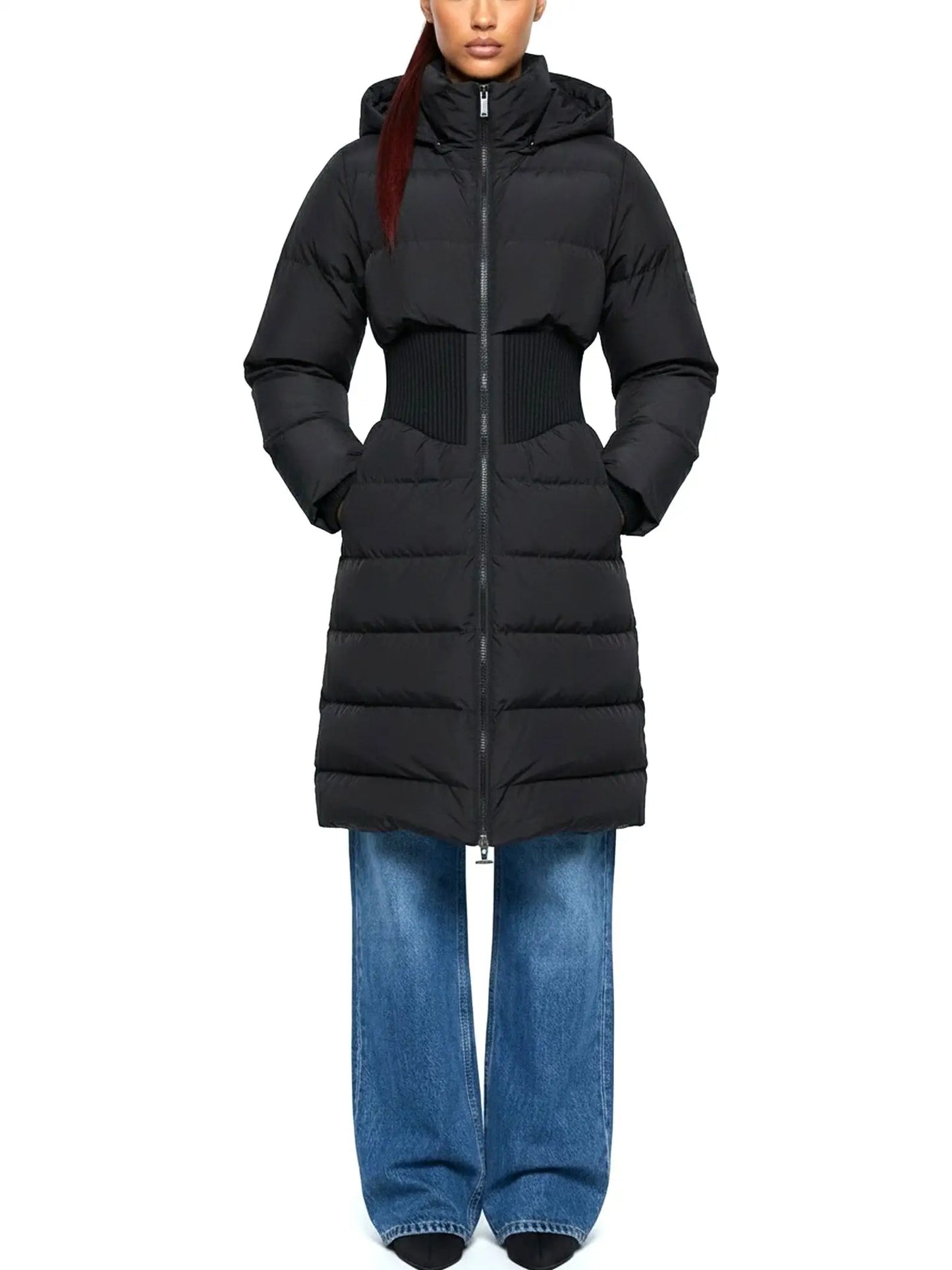 Cinched-Waist Hooded Long Puffer Coat in Black - Coats