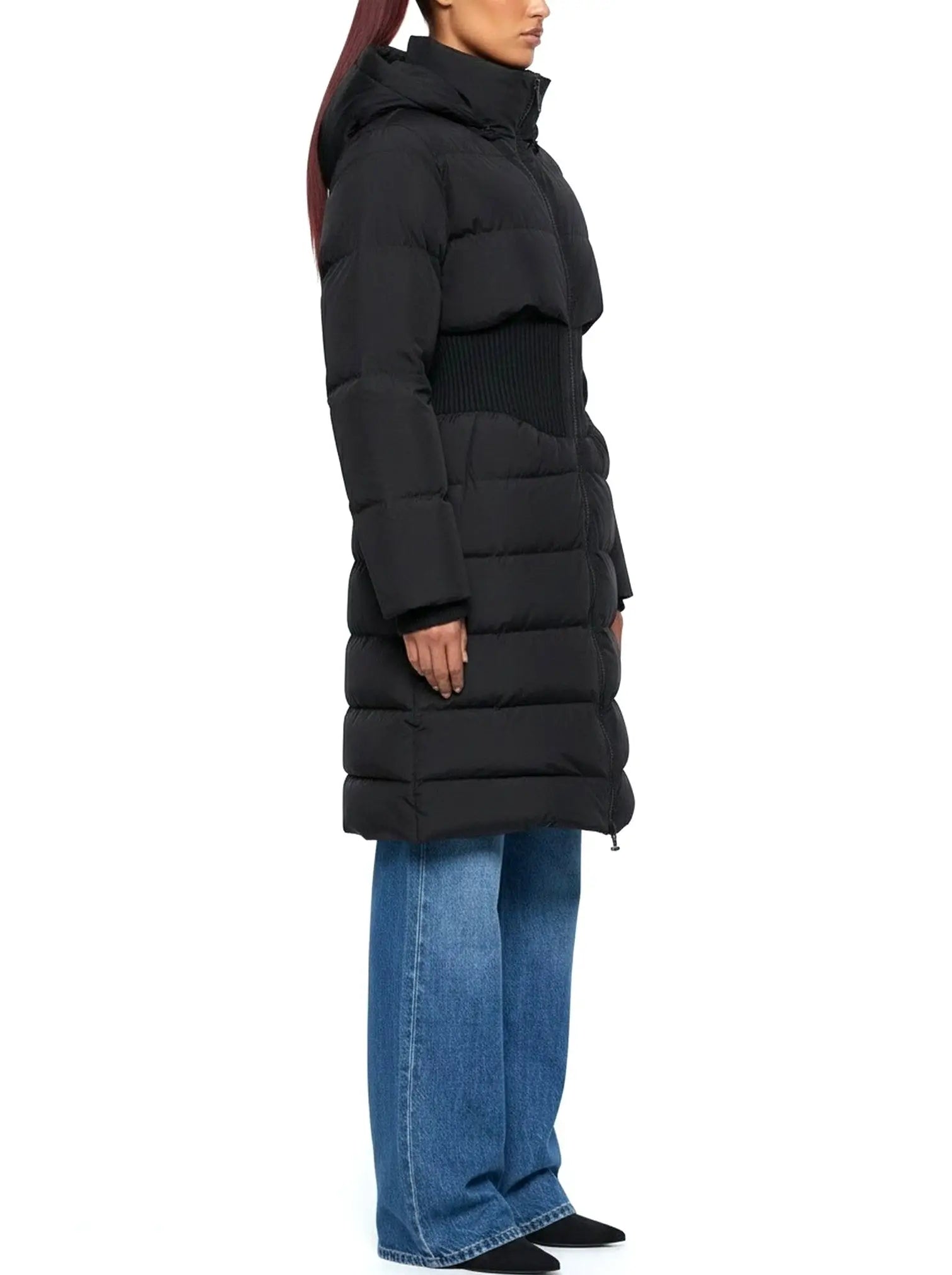 Cinched-Waist Hooded Long Puffer Coat in Black - Coats