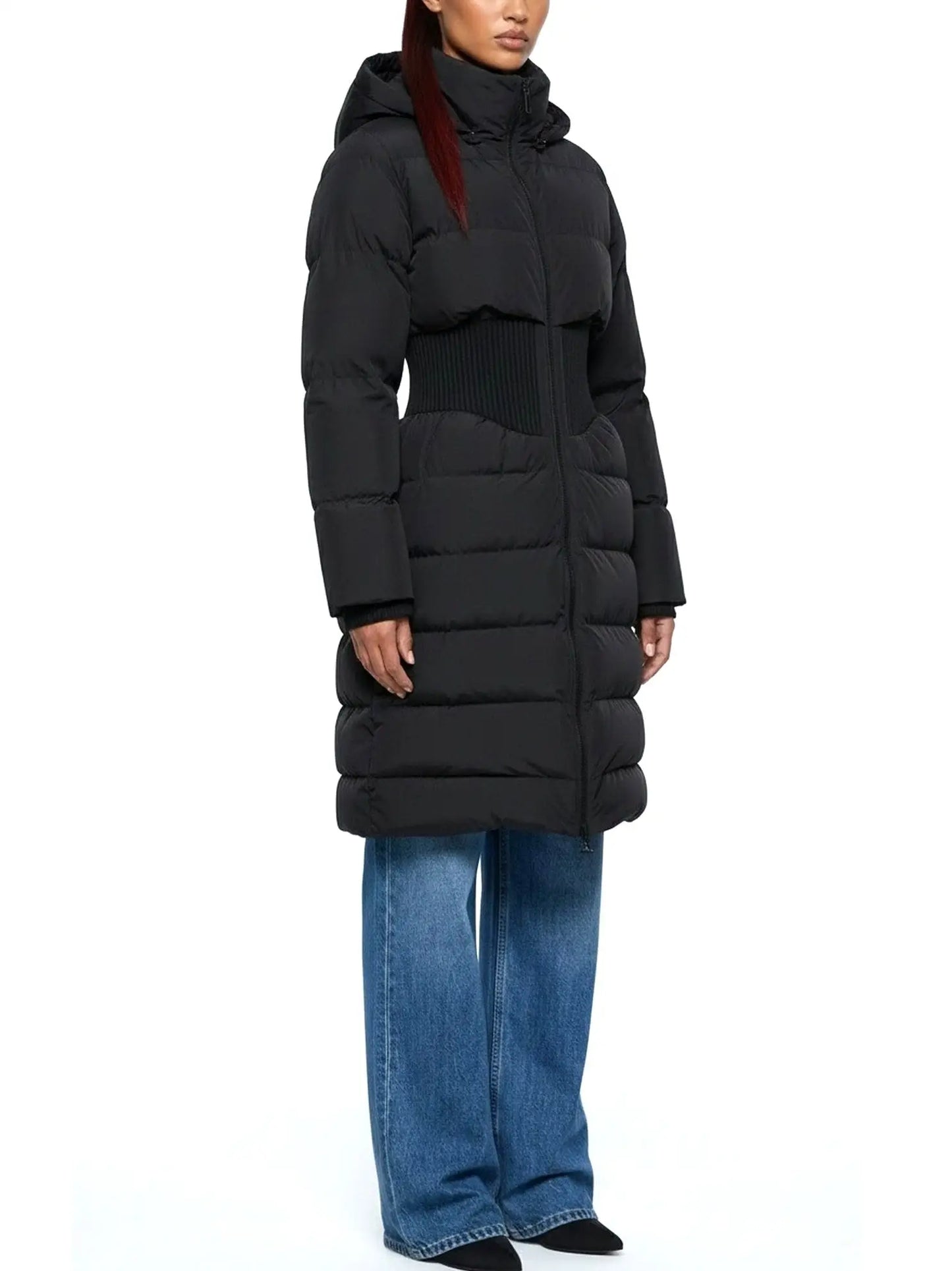 Cinched-Waist Hooded Long Puffer Coat in Black - Coats