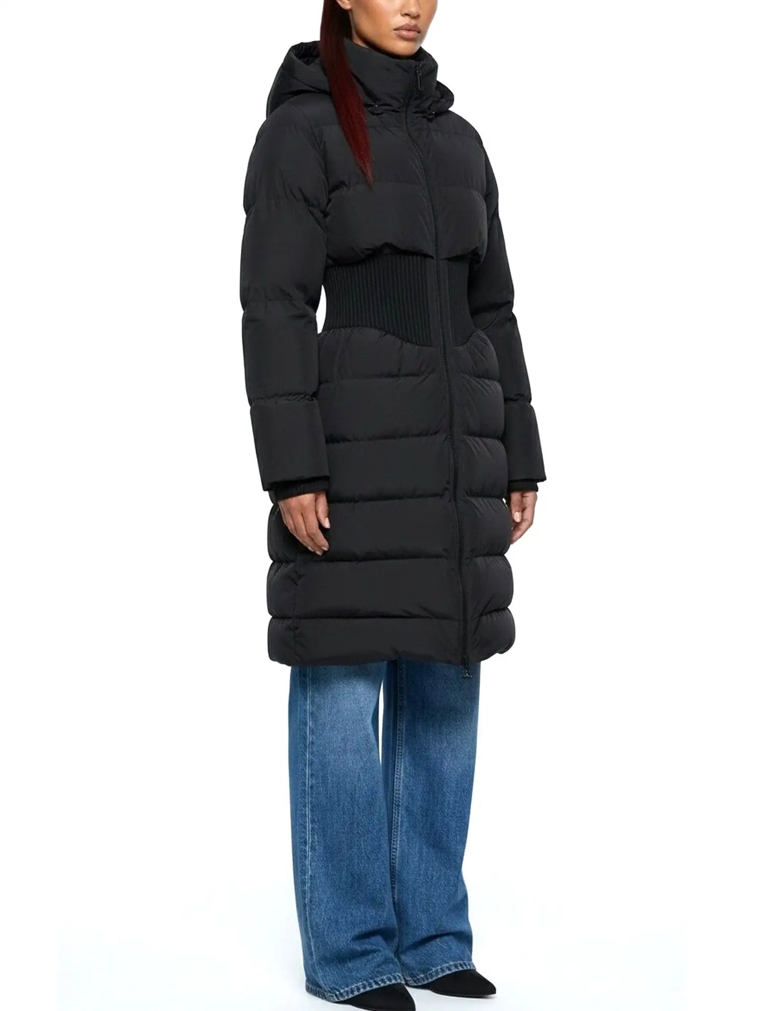 Cinched-Waist Hooded Long Puffer Coat in Black - Coats