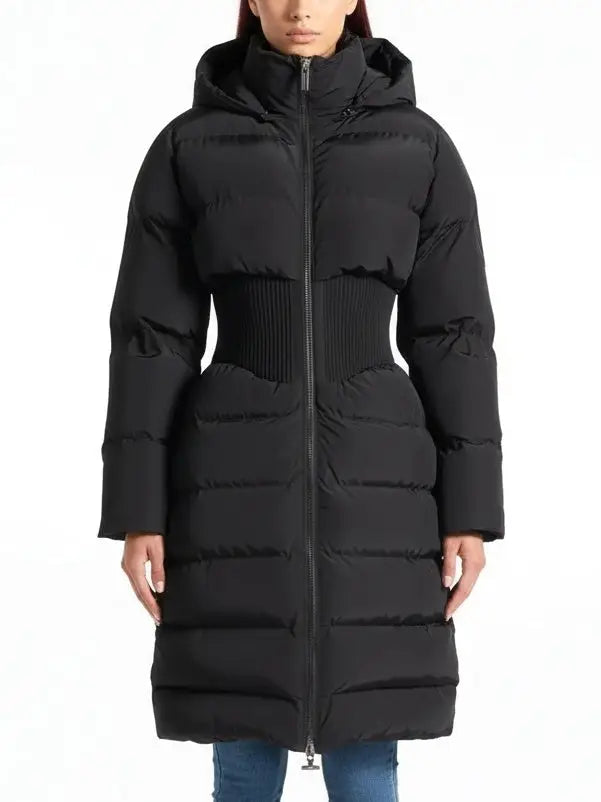 Cinched-Waist Hooded Long Puffer Coat in Black - Small - Coats