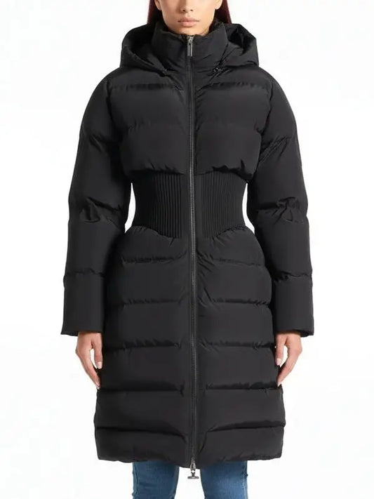 Cinched-Waist Hooded Long Puffer Coat in Black - Small - Coats