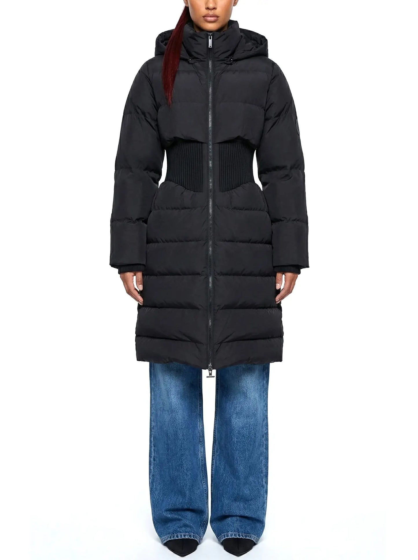 Cinched-Waist Hooded Long Puffer Coat in Black - Coats