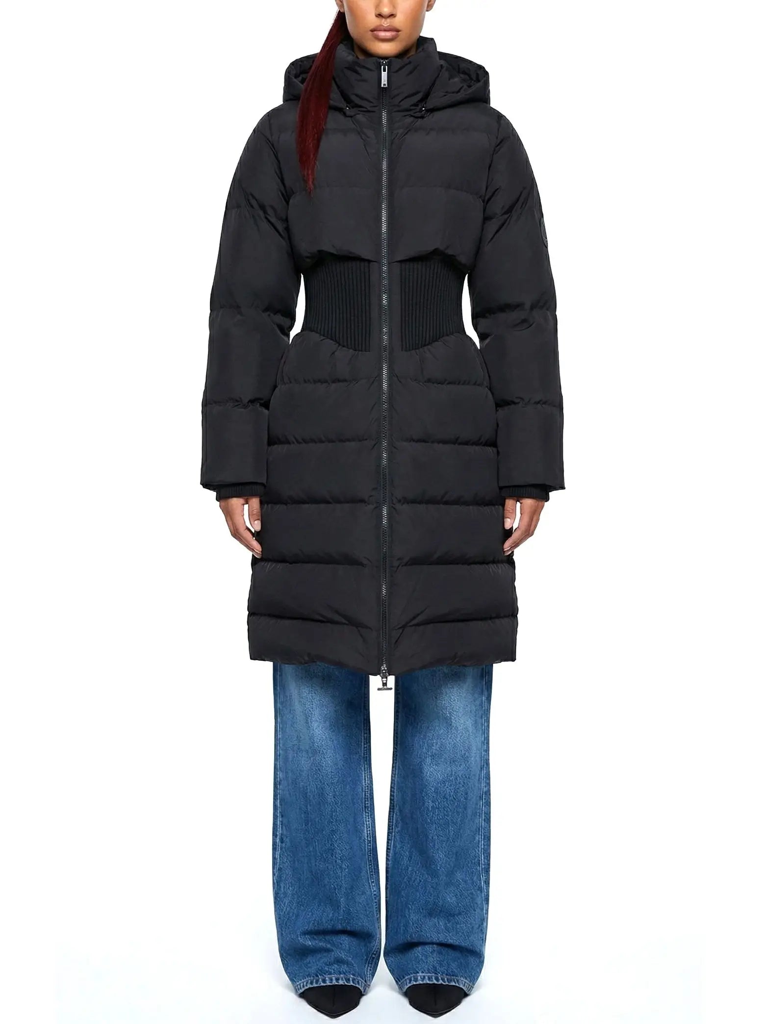 Cinched-Waist Hooded Long Puffer Coat in Black - Coats