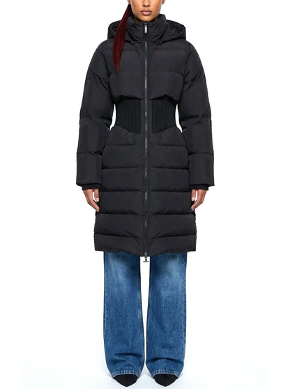 Cinched-Waist Hooded Long Puffer Coat in Black - Coats