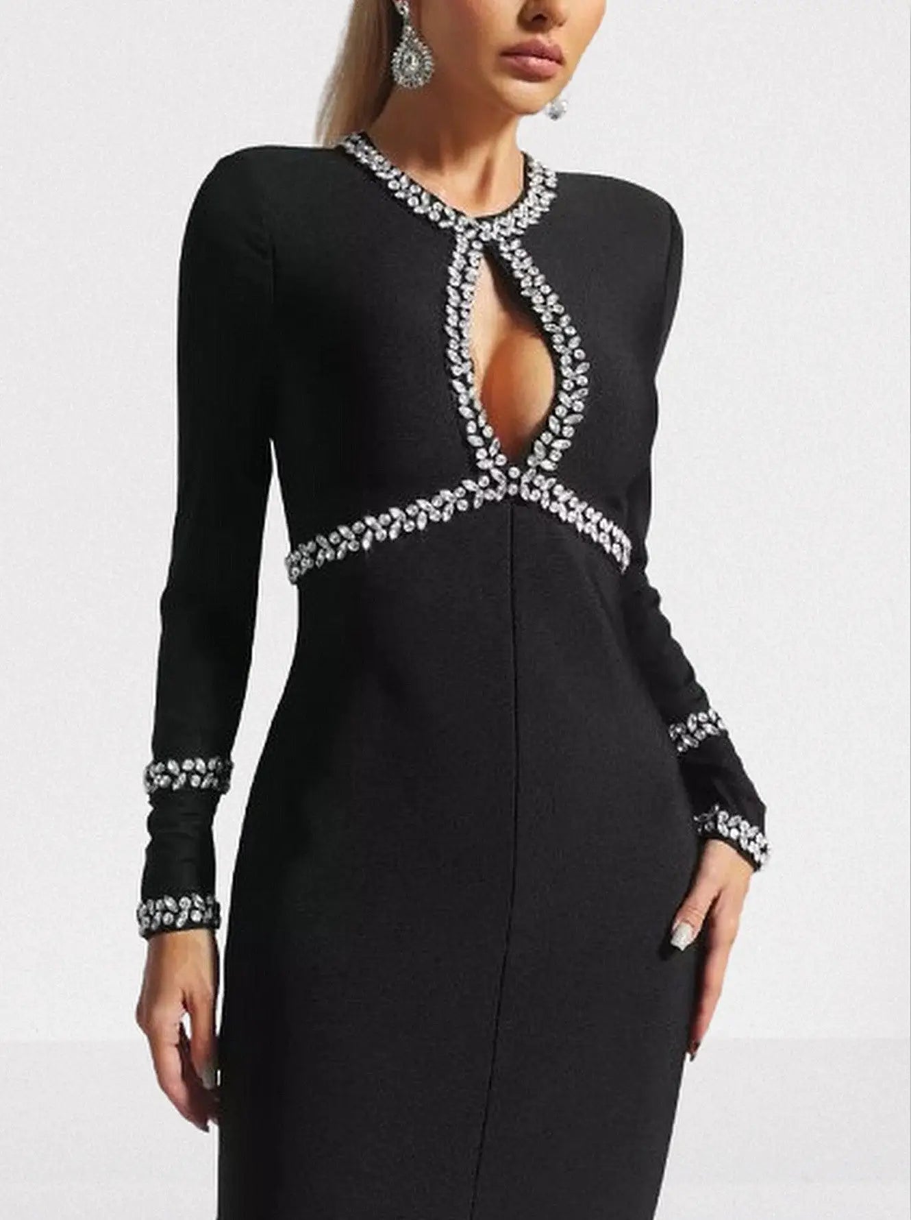 Crystal-Embellished Black Keyhole Evening Dress - Dresses