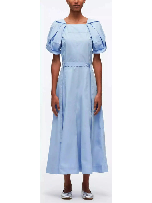 Collapsed Bloom Short Sleeve Belted Dress in Blue - Branna Couture