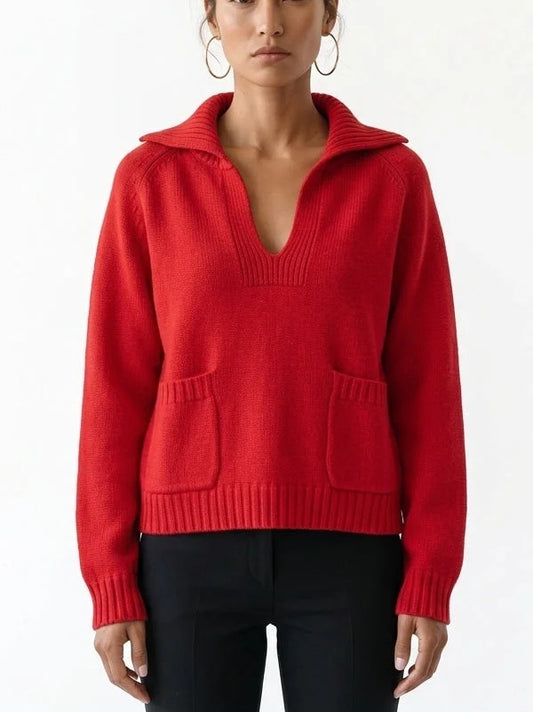 Collared Split V-Neck Wool Sweater - Small / Red - Sweaters & Knitwear