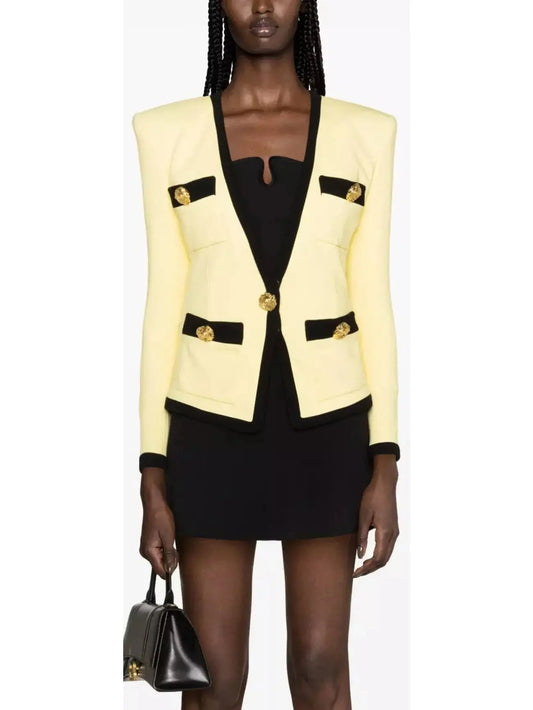 Collarless Crepe Blazer in Yellow and Black - Branna Couture